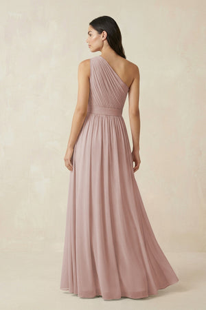 One - Shoulder Pleated Chiffon Bridesmaid Gown in Toffee - SHE IS ME Bridesmaid Dresses