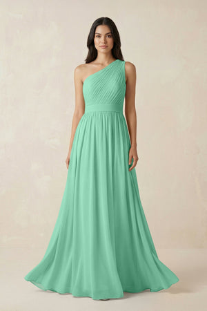 One - Shoulder Pleated Chiffon Bridesmaid Gown in Turquoise - SHE IS ME Bridesmaid Dresses