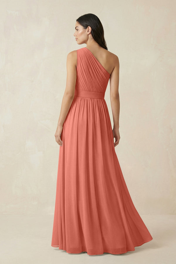 One - Shoulder Pleated Chiffon Bridesmaid Gown in Wild Rose - SHE IS ME Bridesmaid Dresses