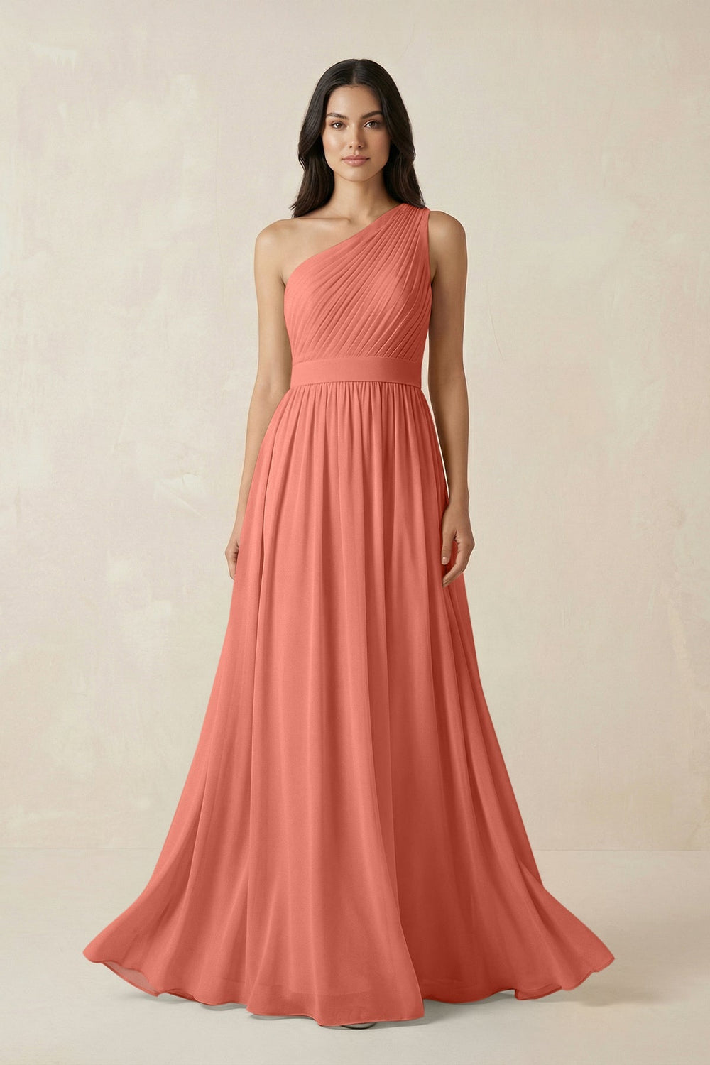 One - Shoulder Pleated Chiffon Bridesmaid Gown in Wild Rose - SHE IS ME Bridesmaid Dresses