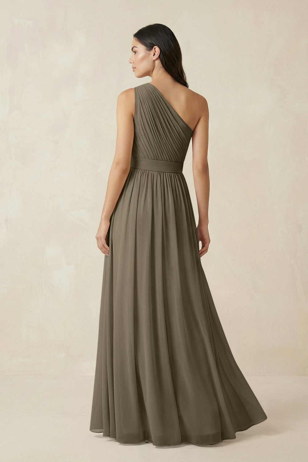 One - Shoulder Pleated Chiffon Bridesmaid Gown in Willow Green - SHE IS ME Bridesmaid Dresses