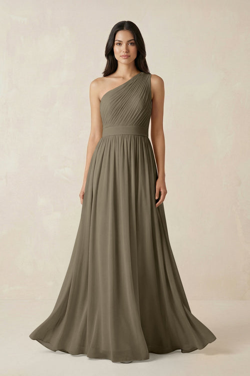 One - Shoulder Pleated Chiffon Bridesmaid Gown in Willow Green - SHE IS ME Bridesmaid Dresses