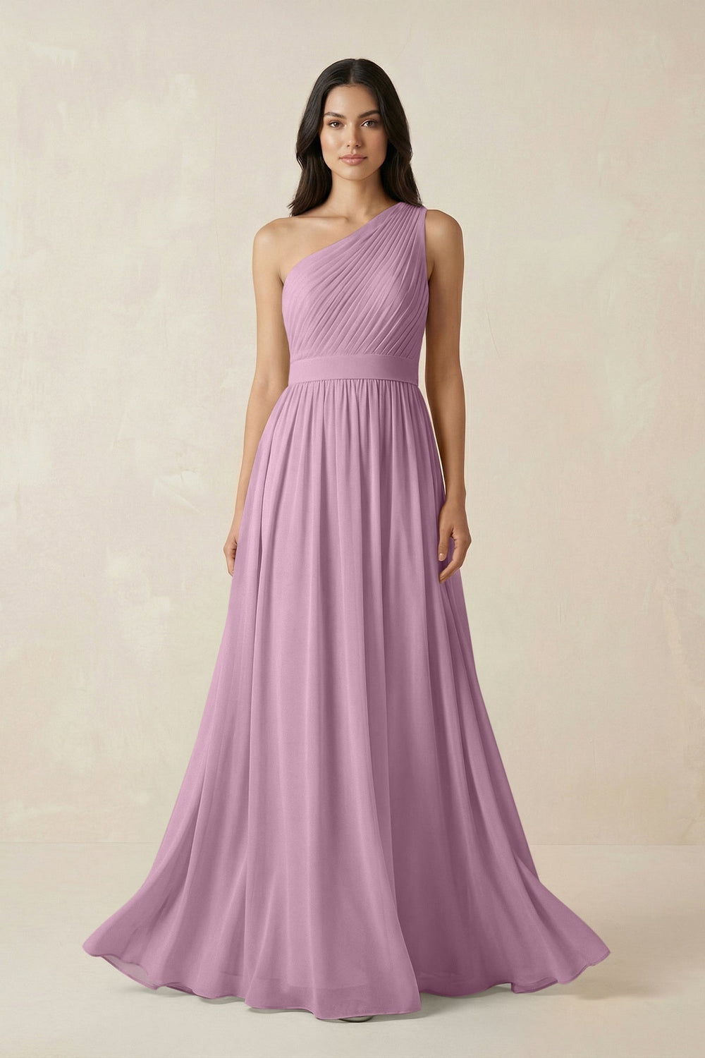 One - Shoulder Pleated Chiffon Bridesmaid Gown in Wisteria - SHE IS ME Bridesmaid Dresses