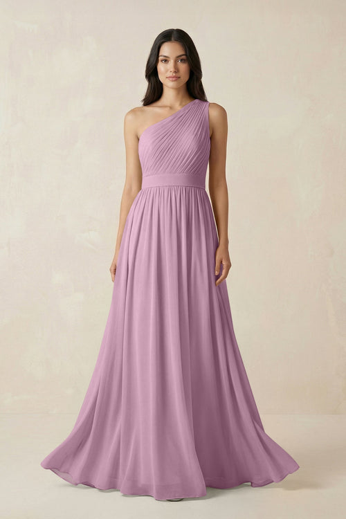 One - Shoulder Pleated Chiffon Bridesmaid Gown in Wisteria - SHE IS ME Bridesmaid Dresses