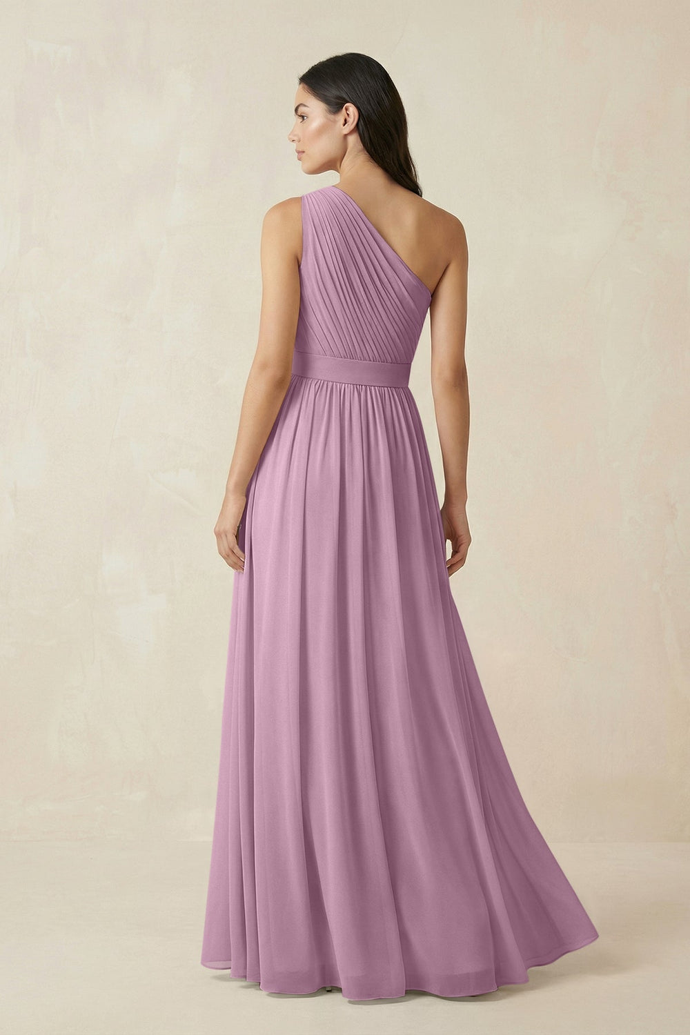 One - Shoulder Pleated Chiffon Bridesmaid Gown in Wisteria - SHE IS ME Bridesmaid Dresses