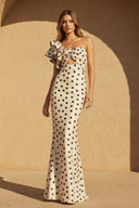 One Shoulder Polka Dot Ruffled Gown in Ivory - SHE IS ME PROM DRESSES