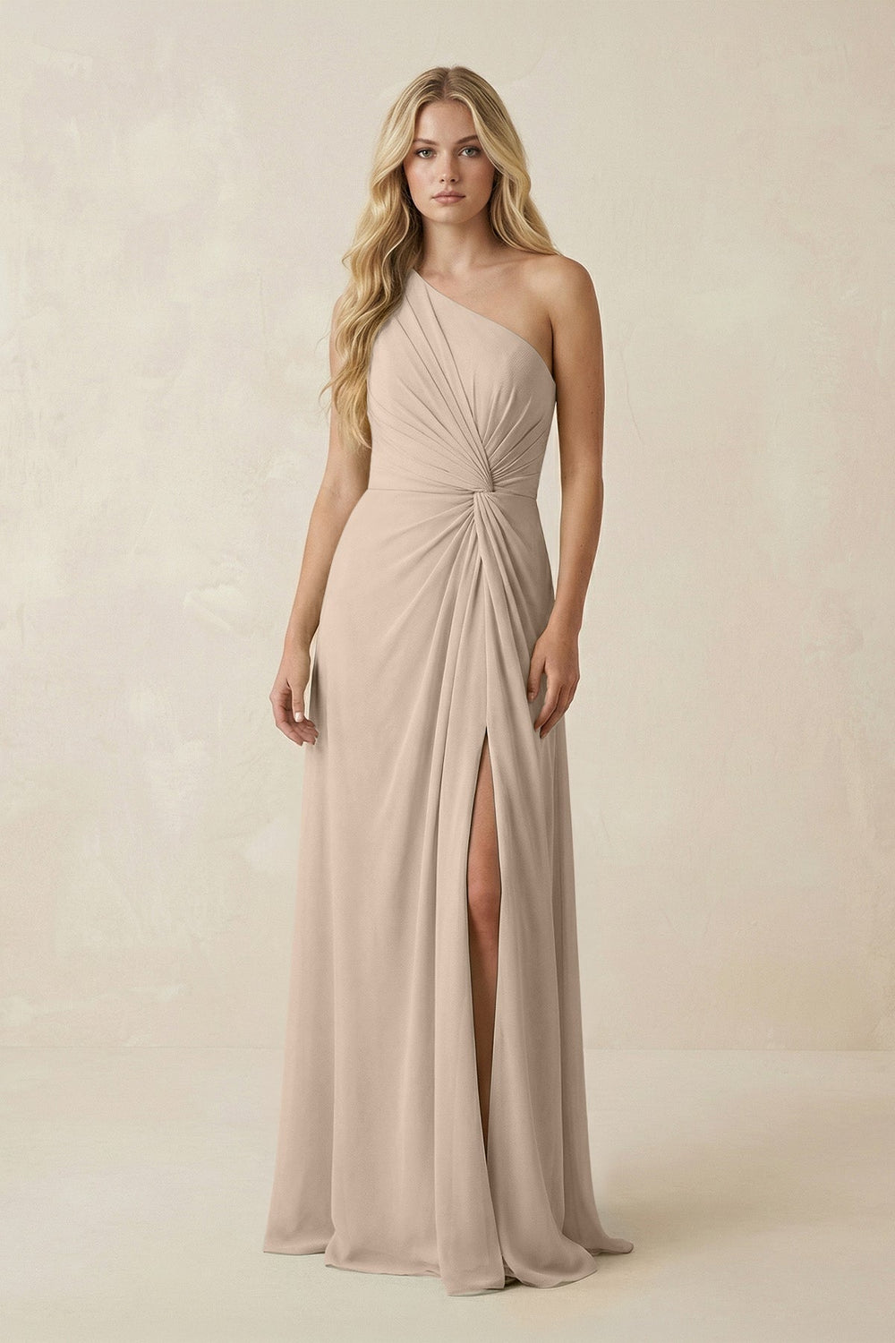 One - Shoulder Ruched A - Line Chiffon Bridesmaid Dress in Almond - SHE IS ME Bridesmaid Dresses