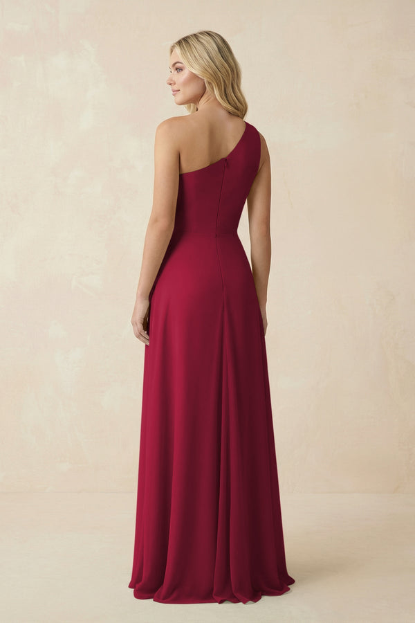 One - Shoulder Ruched A - Line Chiffon Bridesmaid Dress in Berry - SHE IS ME Bridesmaid Dresses