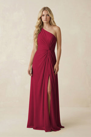 One - Shoulder Ruched A - Line Chiffon Bridesmaid Dress in Berry - SHE IS ME Bridesmaid Dresses