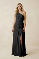 One - Shoulder Ruched A - Line Chiffon Bridesmaid Dress in Black - SHE IS ME Bridesmaid Dresses