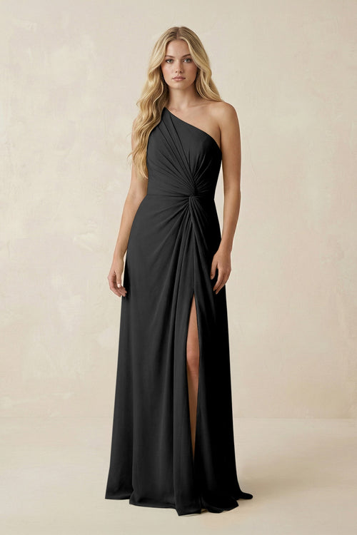 One - Shoulder Ruched A - Line Chiffon Bridesmaid Dress in Black - SHE IS ME Bridesmaid Dresses