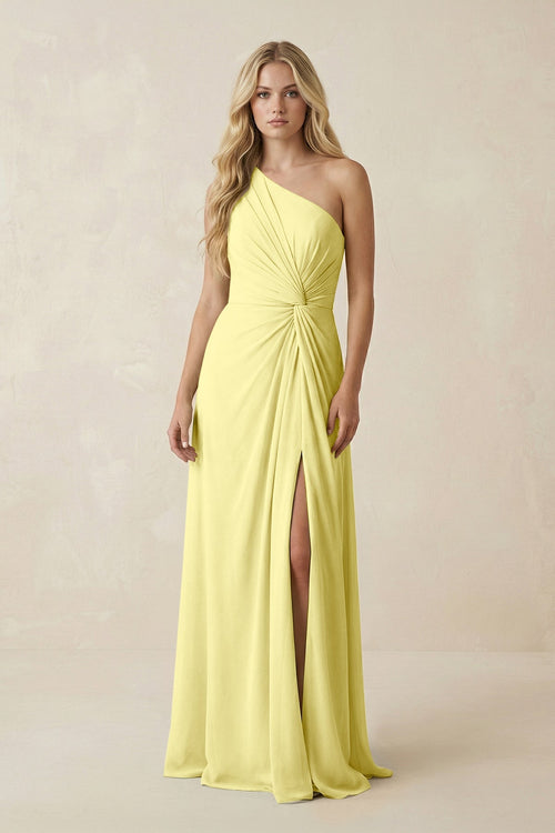 One - Shoulder Ruched A - Line Chiffon Bridesmaid Dress in Buttercup - SHE IS ME Bridesmaid Dresses