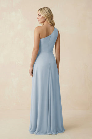 One - Shoulder Ruched A - Line Chiffon Bridesmaid Dress in Dusty Blue - SHE IS ME Bridesmaid Dresses