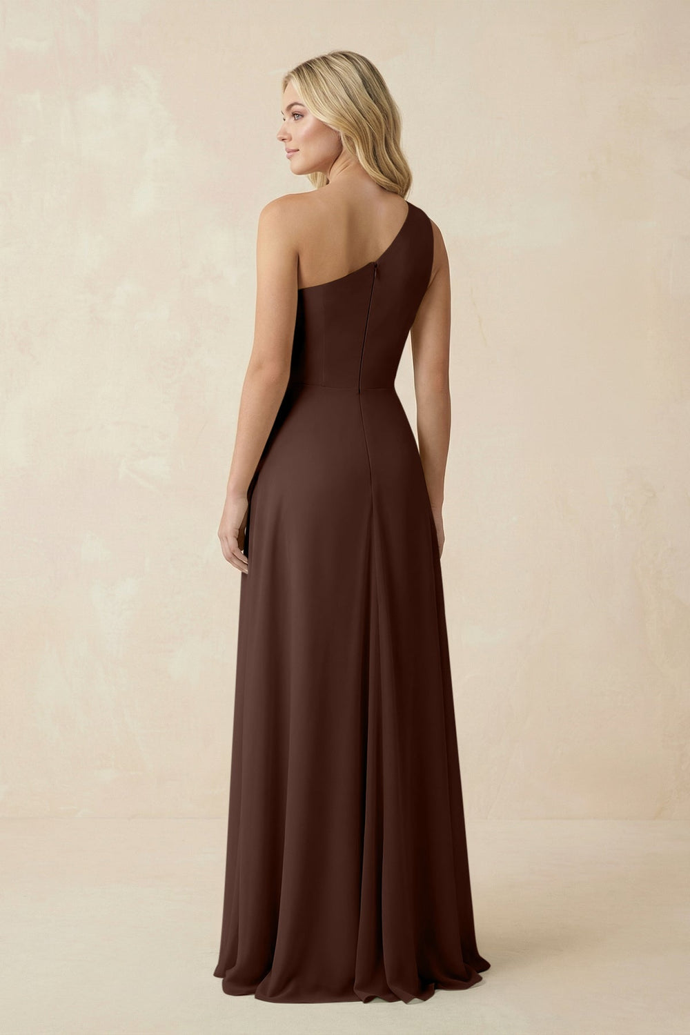 One - Shoulder Ruched A - Line Chiffon Bridesmaid Dress in Espresso - SHE IS ME Bridesmaid Dresses
