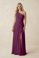 One - Shoulder Ruched A - Line Chiffon Bridesmaid Dress in Fig - SHE IS ME Bridesmaid Dresses