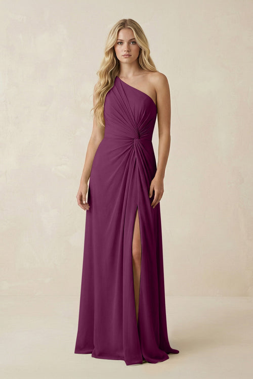 One - Shoulder Ruched A - Line Chiffon Bridesmaid Dress in Fig - SHE IS ME Bridesmaid Dresses