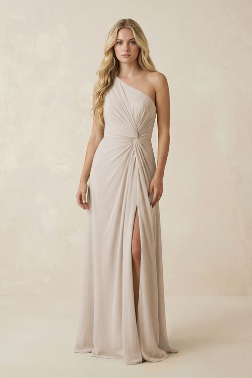 One - Shoulder Ruched A - Line Chiffon Bridesmaid Dress in Frost - SHE IS ME Bridesmaid Dresses
