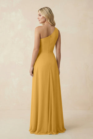 One - Shoulder Ruched A - Line Chiffon Bridesmaid Dress in Marigold - SHE IS ME Bridesmaid Dresses