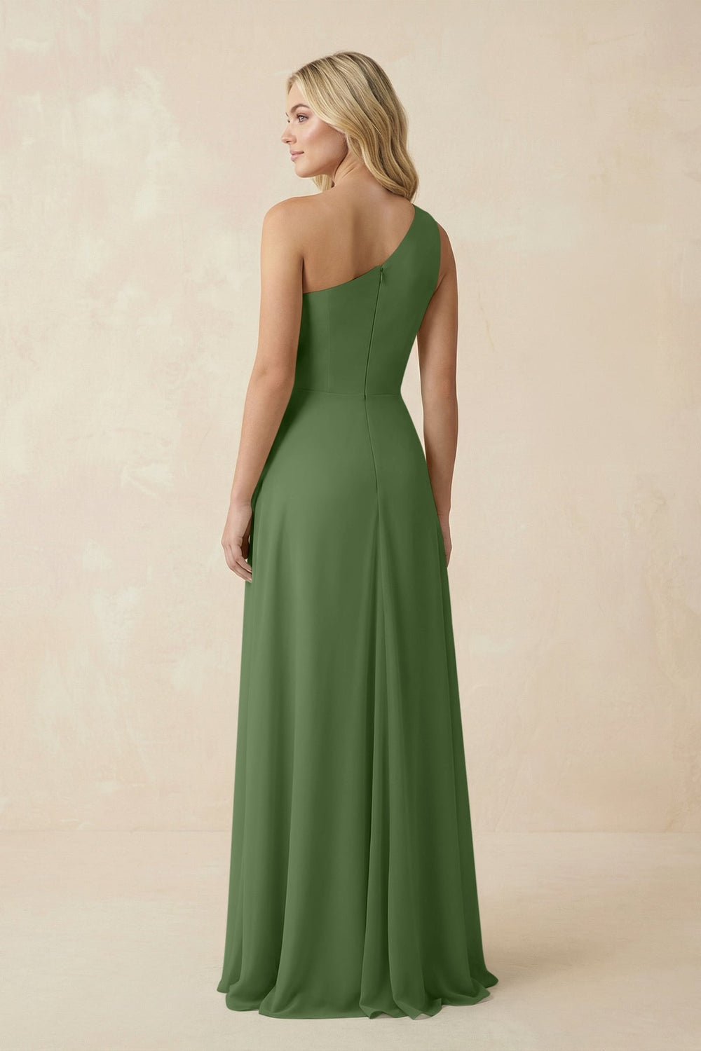 One - Shoulder Ruched A - Line Chiffon Bridesmaid Dress in Moss - SHE IS ME Bridesmaid Dresses