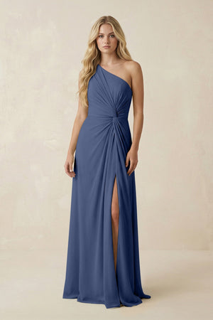One - Shoulder Ruched A - Line Chiffon Bridesmaid Dress in Navy - SHE IS ME Bridesmaid Dresses