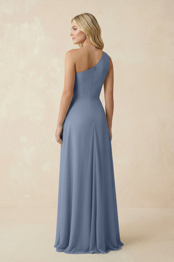 One - Shoulder Ruched A - Line Chiffon Bridesmaid Dress in Neptune - SHE IS ME Bridesmaid Dresses