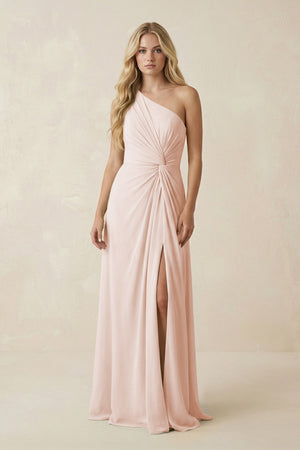 One - Shoulder Ruched A - Line Chiffon Bridesmaid Dress in Pale Blush - SHE IS ME Bridesmaid Dresses