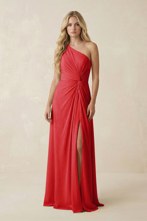 One - Shoulder Ruched A - Line Chiffon Bridesmaid Dress in Ruby Red - SHE IS ME Bridesmaid Dresses