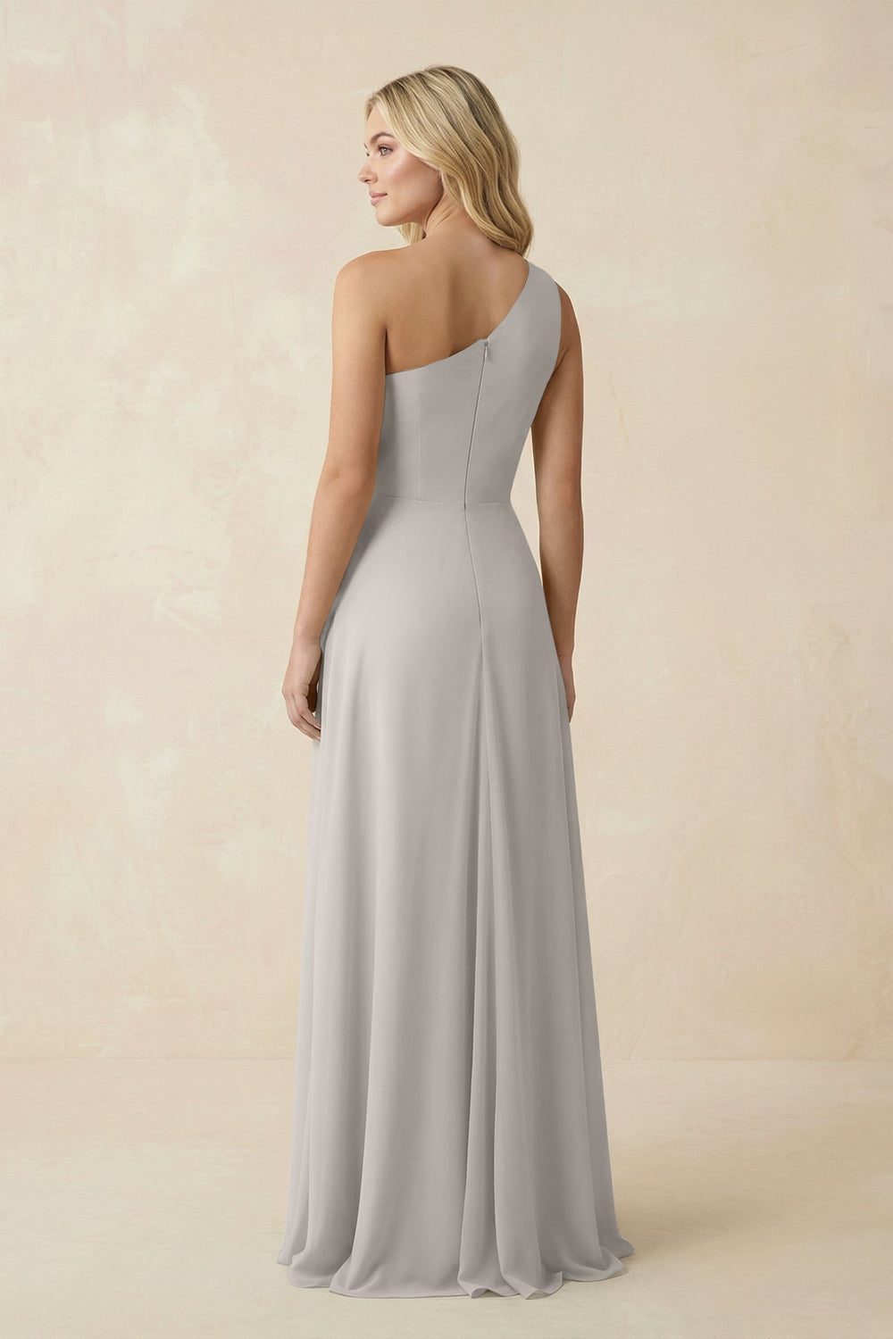 One - Shoulder Ruched A - Line Chiffon Bridesmaid Dress in Silver - SHE IS ME Bridesmaid Dresses