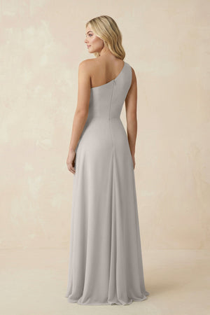 One - Shoulder Ruched A - Line Chiffon Bridesmaid Dress in Silver - SHE IS ME Bridesmaid Dresses