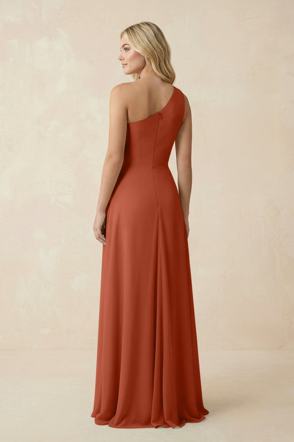 One - Shoulder Ruched A - Line Chiffon Bridesmaid Dress in Spice - SHE IS ME Bridesmaid Dresses