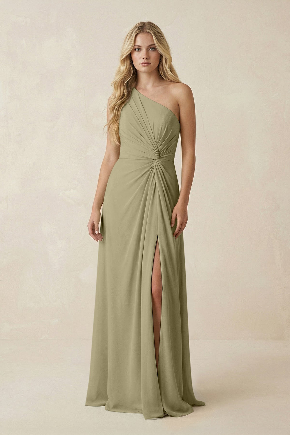 One - Shoulder Ruched A - Line Chiffon Bridesmaid Dress in Thyme - SHE IS ME Bridesmaid Dresses