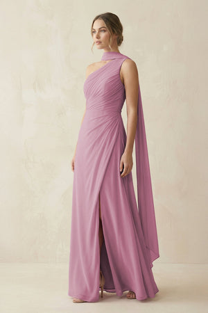 One - Shoulder Sheath Chiffon Bridesmaid Dress with Ribbon in Vintage Mauve - SHE IS ME Bridesmaid Dresses