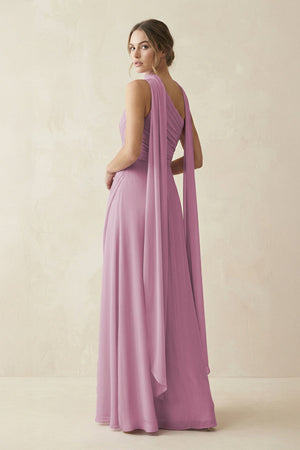 One - Shoulder Sheath Chiffon Bridesmaid Dress with Ribbon in Vintage Mauve - SHE IS ME Bridesmaid Dresses