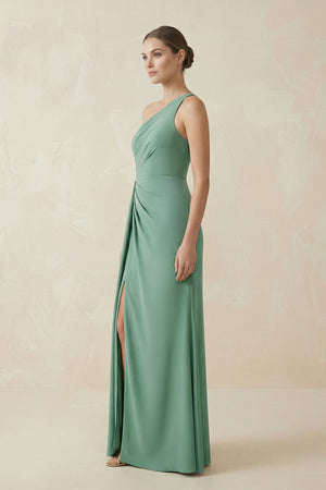 One - Shoulder Sheath Ruched Bridesmaid Dress With Slit in Mint Green - SHE IS ME Bridesmaid Dresses