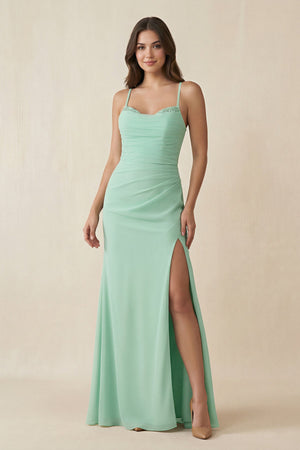 Cami Strap Sheath Chiffon Bridesmaid Dress with Slit in Pale Pistachio - SHE IS ME BRIDESMAID DRESSES