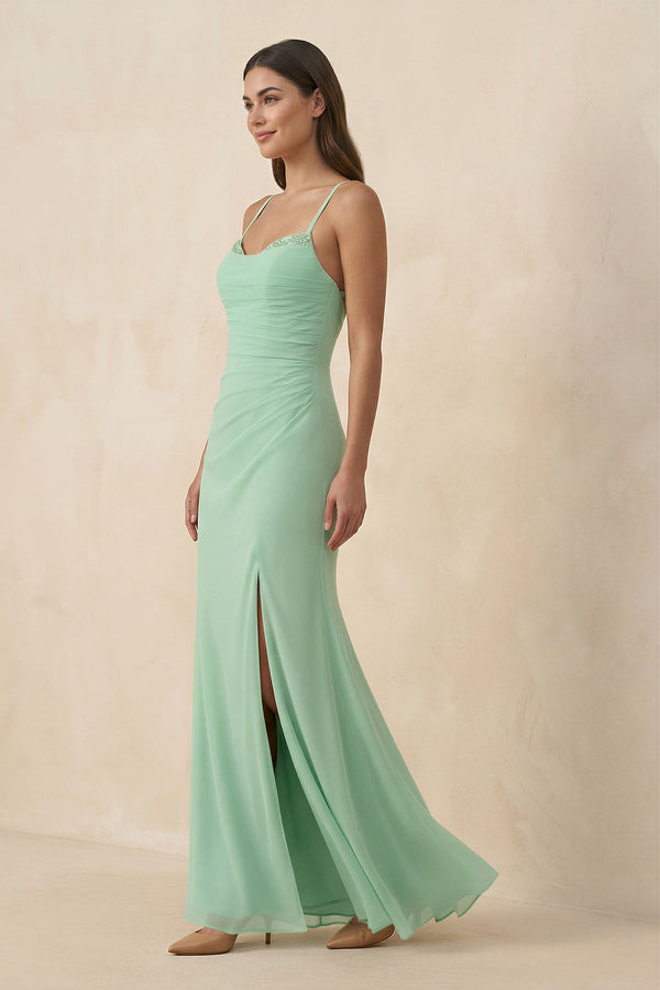 Cami Strap Sheath Chiffon Bridesmaid Dress with Slit in Pale Pistachio - SHE IS ME BRIDESMAID DRESSES