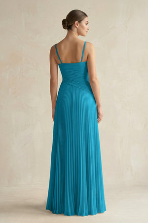 Pleated A-Line Long Chiffon Bridesmaid Dress in Blue Jay