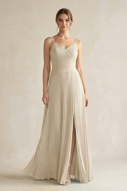 Pleated A-Line Long Chiffon Bridesmaid Dress in Champagne
