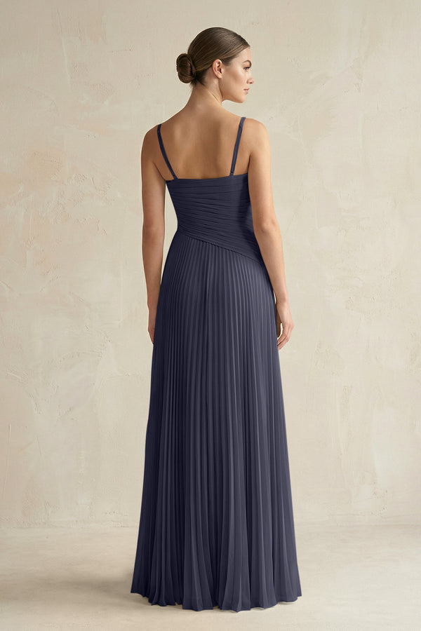 Pleated A-Line Long Chiffon Bridesmaid Dress in Dusk Blue