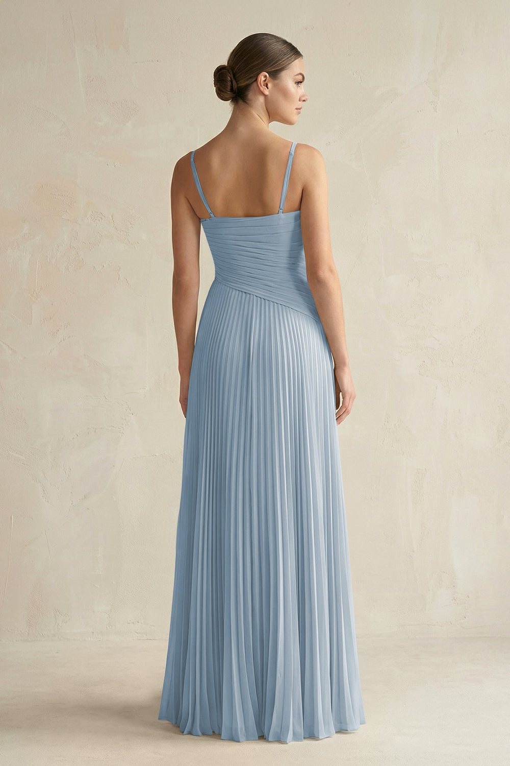 Pleated A-Line Long Chiffon Bridesmaid Dress in Dusty Blue