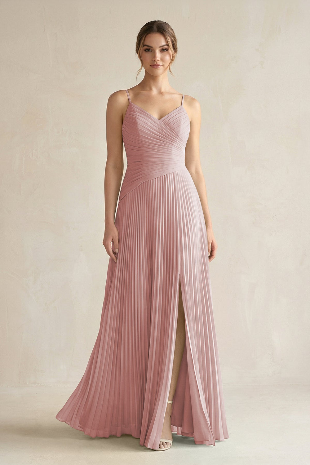 Pleated A-Line Long Chiffon Bridesmaid Dress in Dusty Rose