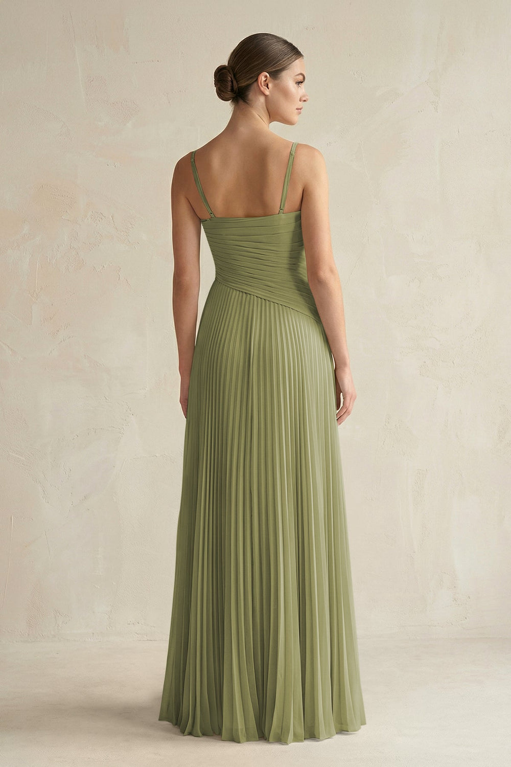 Pleated A-Line Long Chiffon Bridesmaid Dress in Moss Green