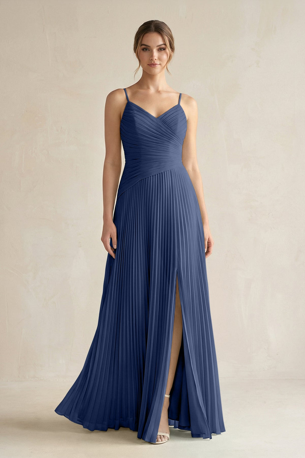 Pleated A-Line Long Chiffon Bridesmaid Dress in Navy