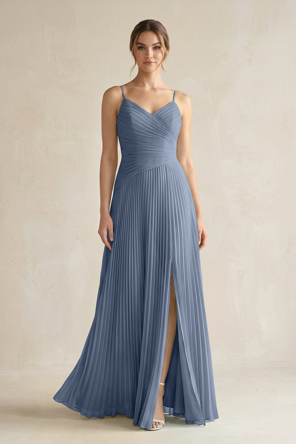 Pleated A-Line Long Chiffon Bridesmaid Dress in Neptune