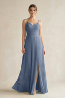 Pleated A-Line Long Chiffon Bridesmaid Dress in Neptune