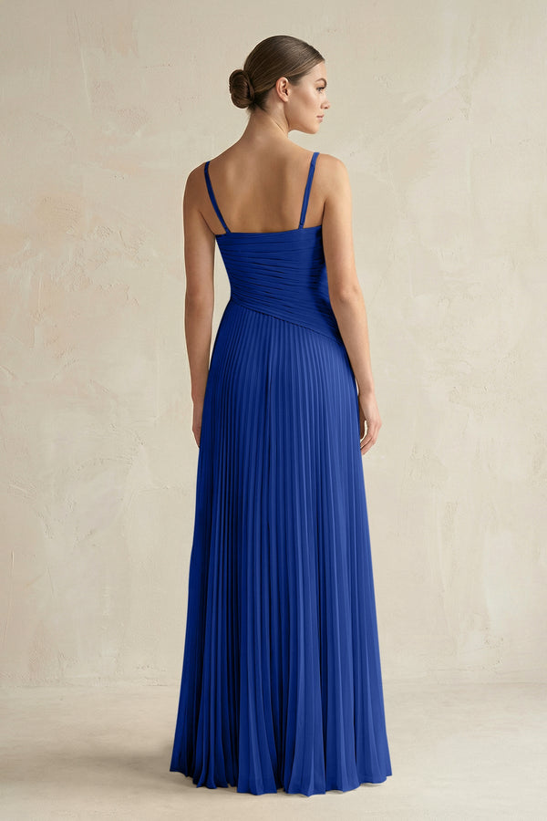 Pleated A-Line Long Chiffon Bridesmaid Dress in Royal Blue