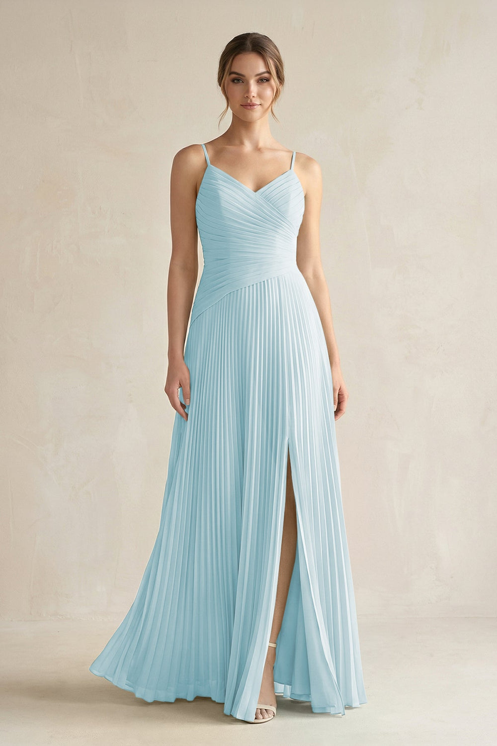 Pleated A-Line Long Chiffon Bridesmaid Dress in Sky Blue