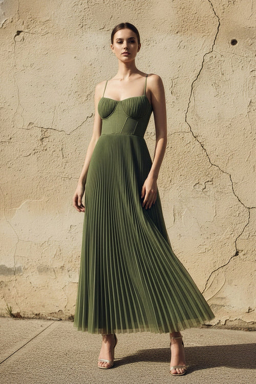 Pleated Spaghetti Straps Corset Maxi Dress in Olive - SHE IS ME