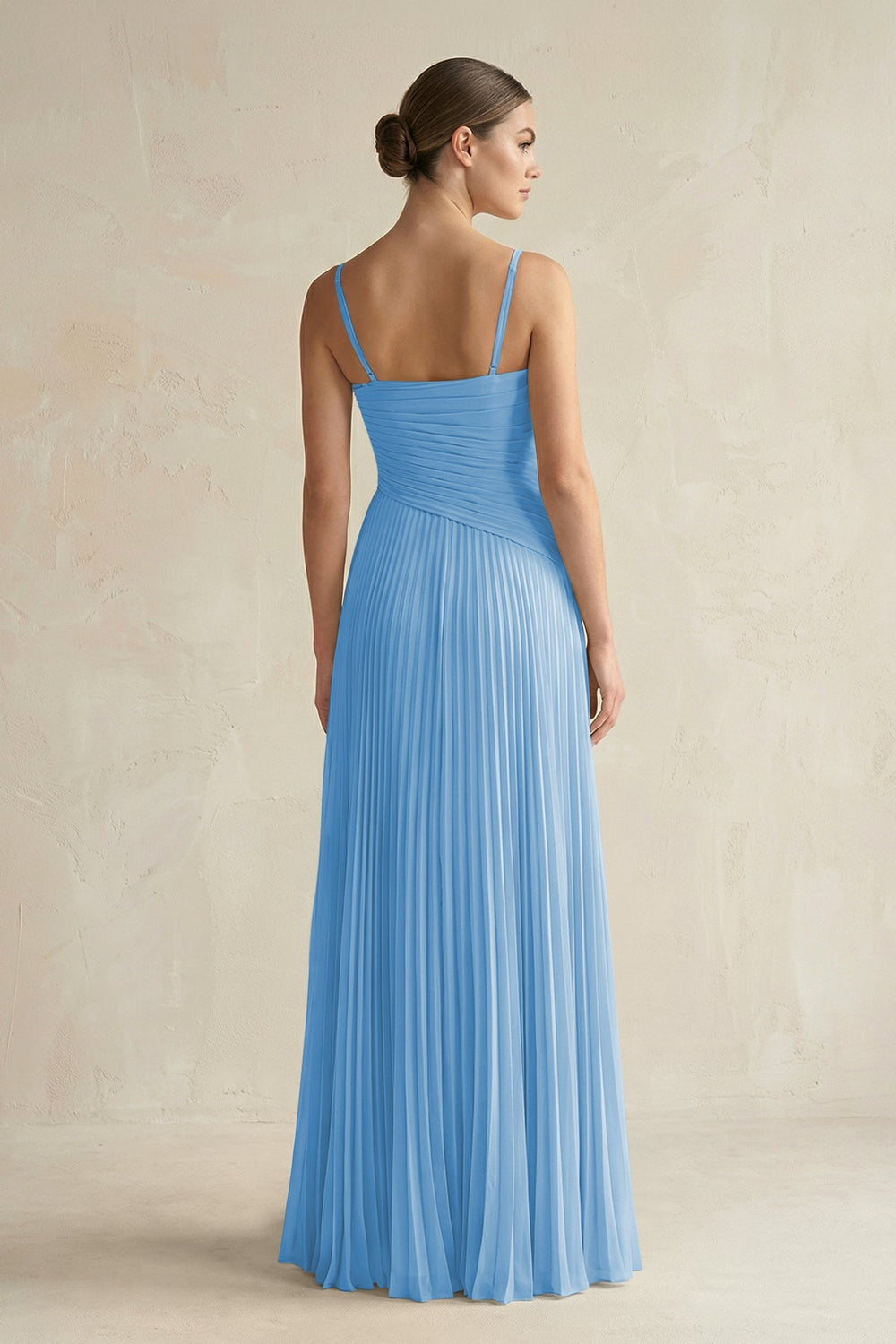 Pleated A-Line Long Chiffon Bridesmaid Dress in Steel Blue