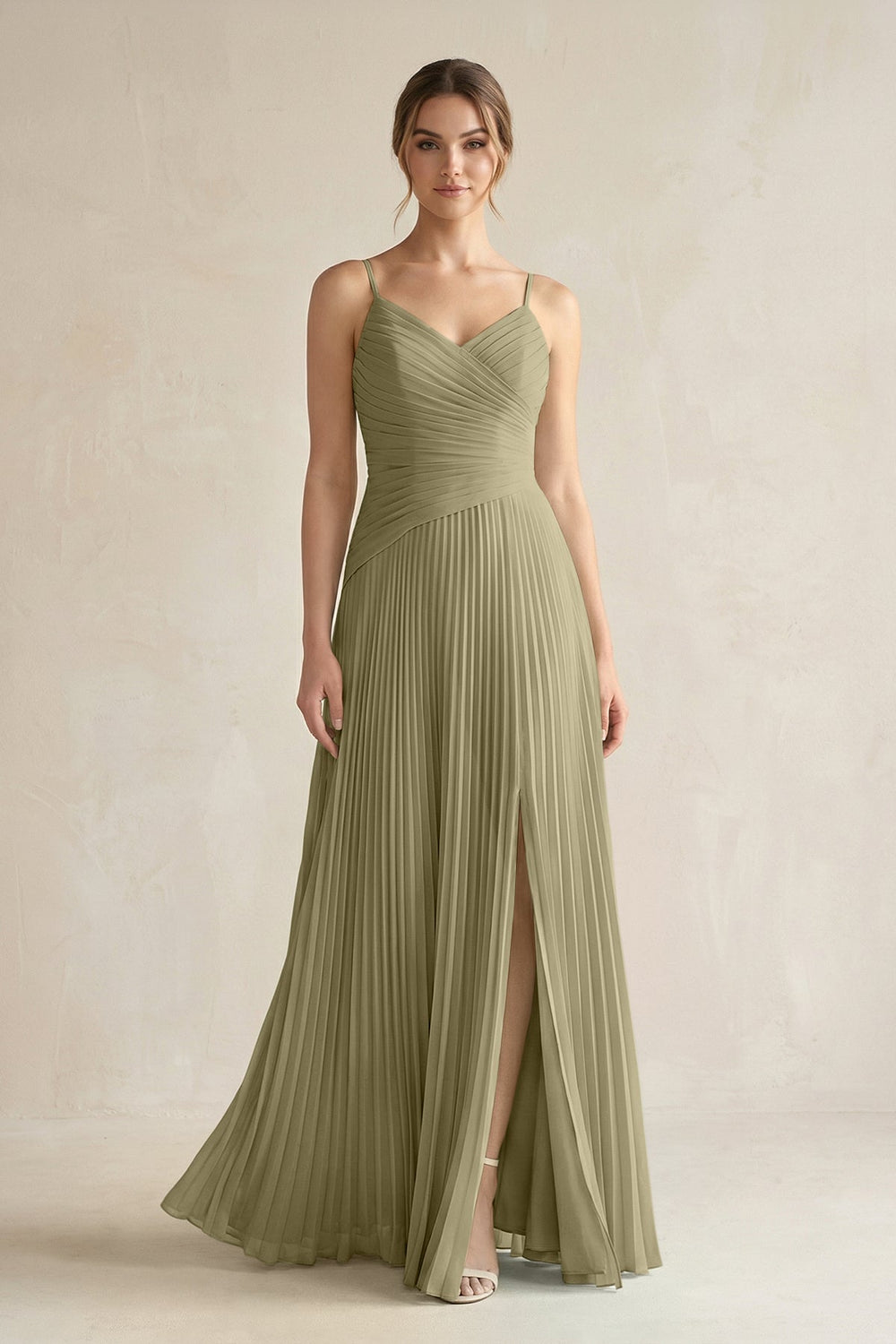 Pleated A-Line Long Chiffon Bridesmaid Dress in Thyme